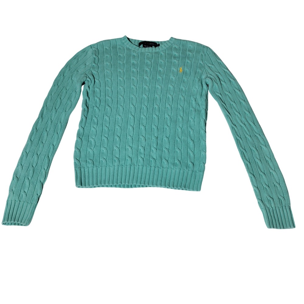 Ralph Lauren Womens XS Cable Knit Cotton Sweater Turquoise Blue Yellow Pony